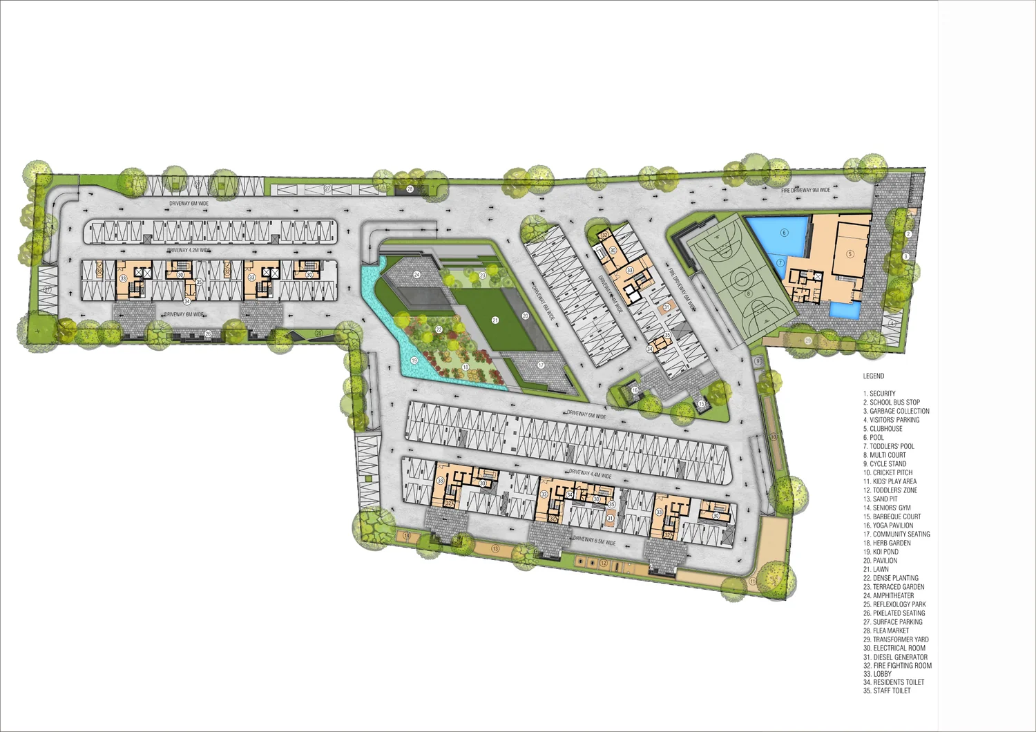 Suraksha Whispering Waves master plan showing six towers, open space and Club Élan beside Begur Lake Suraksha Whispering Waves master plan showing six towers, open space and Club Élan beside Begur Lake